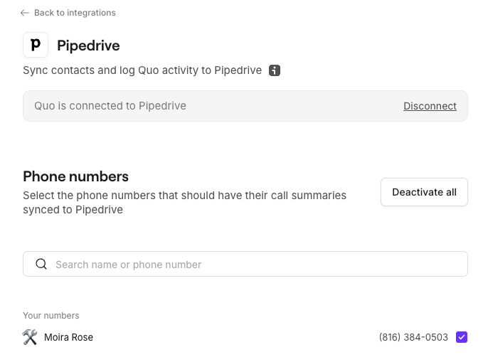 Choose numbers to sync in Pipedrive