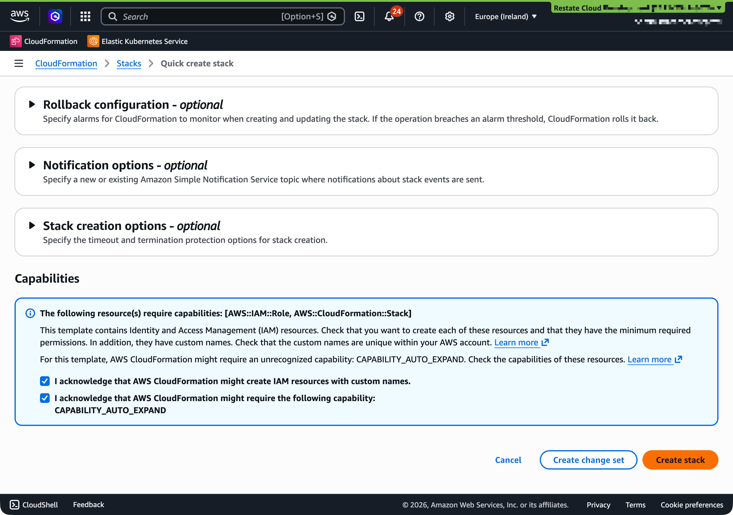 CloudFormation capabilities checkboxes and Create stack button