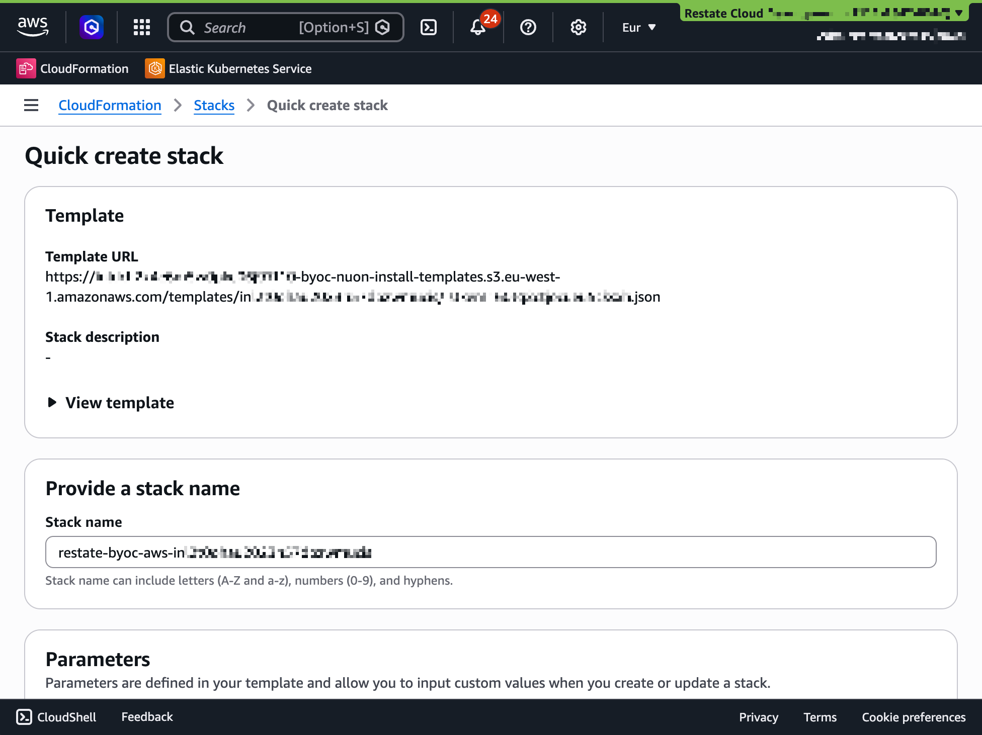 CloudFormation Quick create stack form showing the pre-filled template URL and stack name