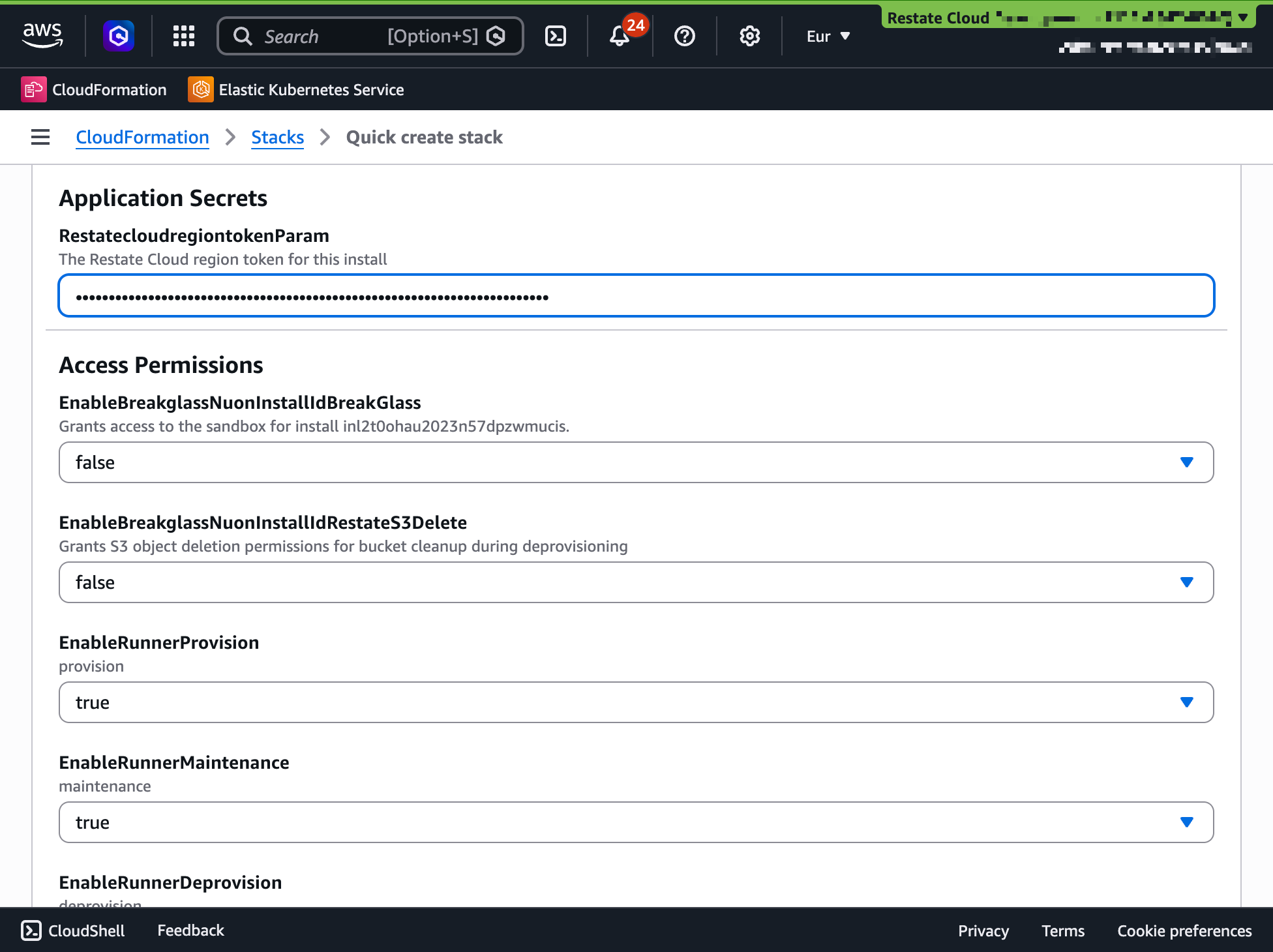 CloudFormation parameters showing the region token input and access permission defaults