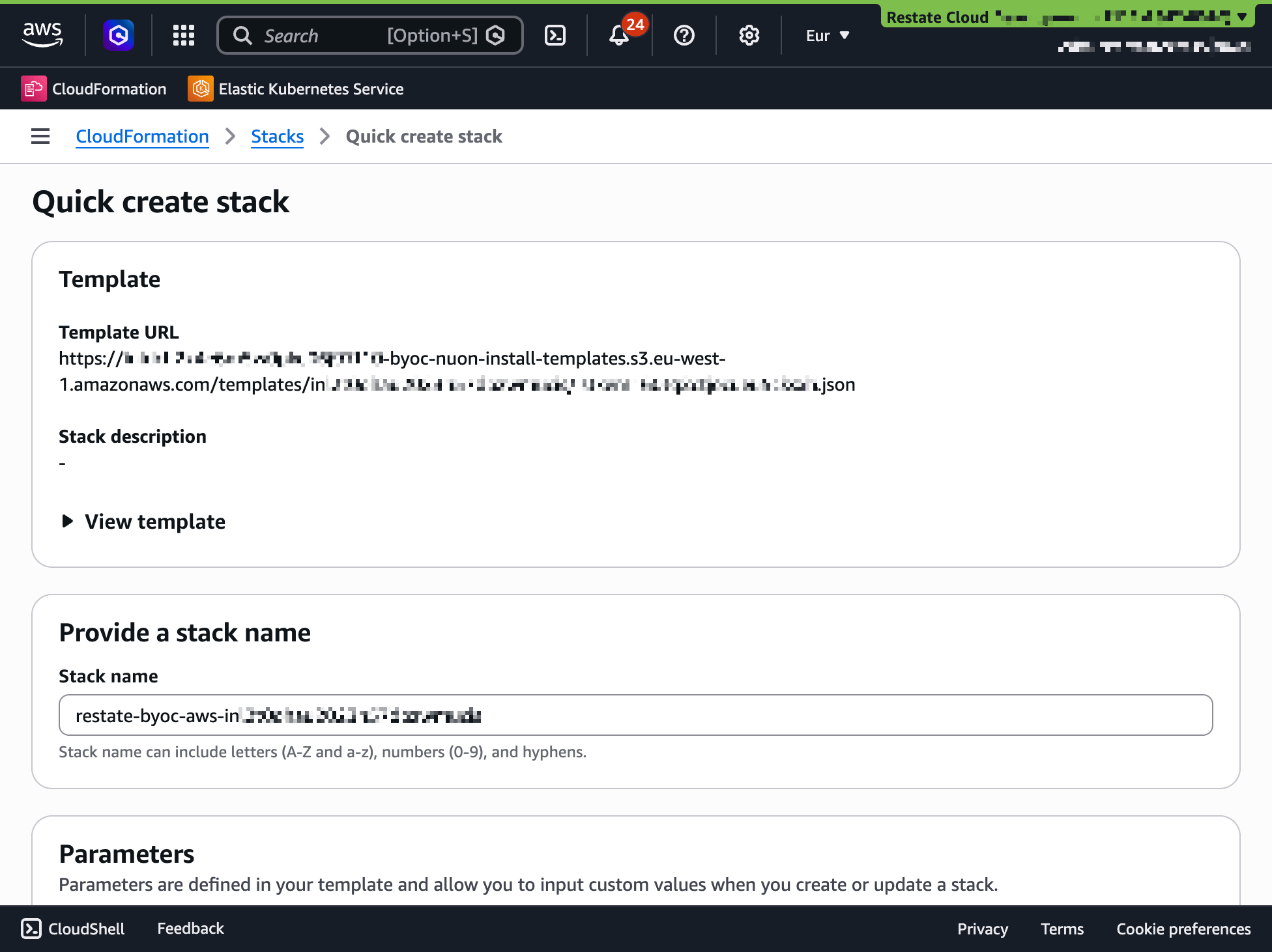 CloudFormation Quick create stack form showing the pre-filled template URL and stack name