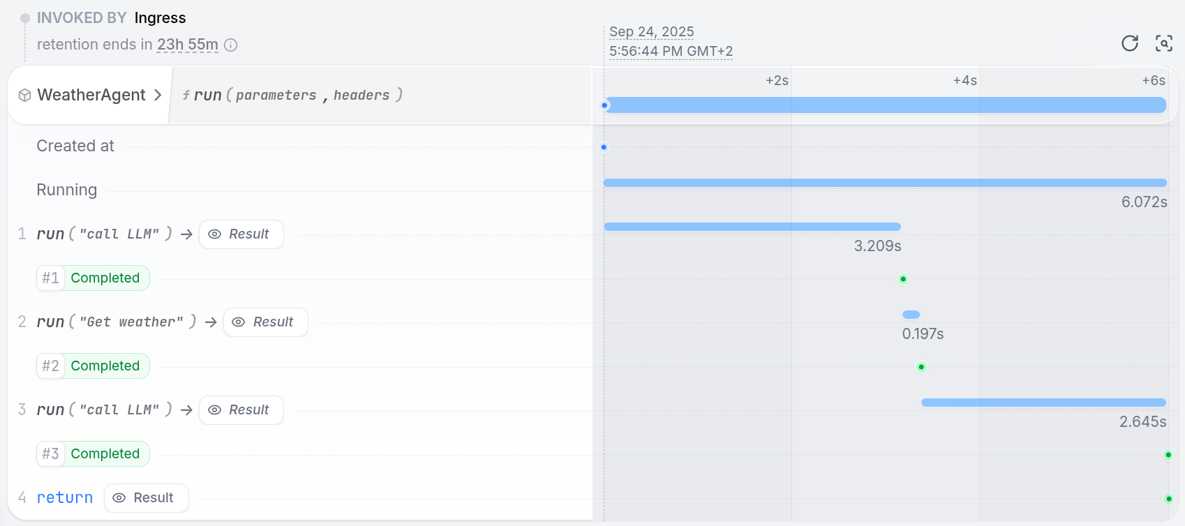 Agent execution trace in Restate UI