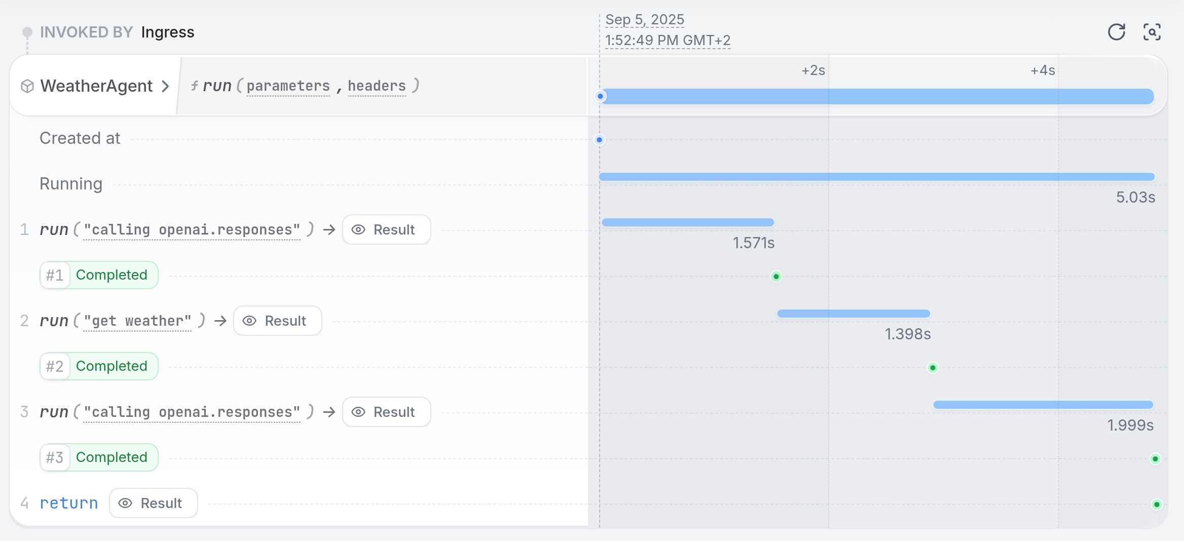 Agent execution trace in Restate UI