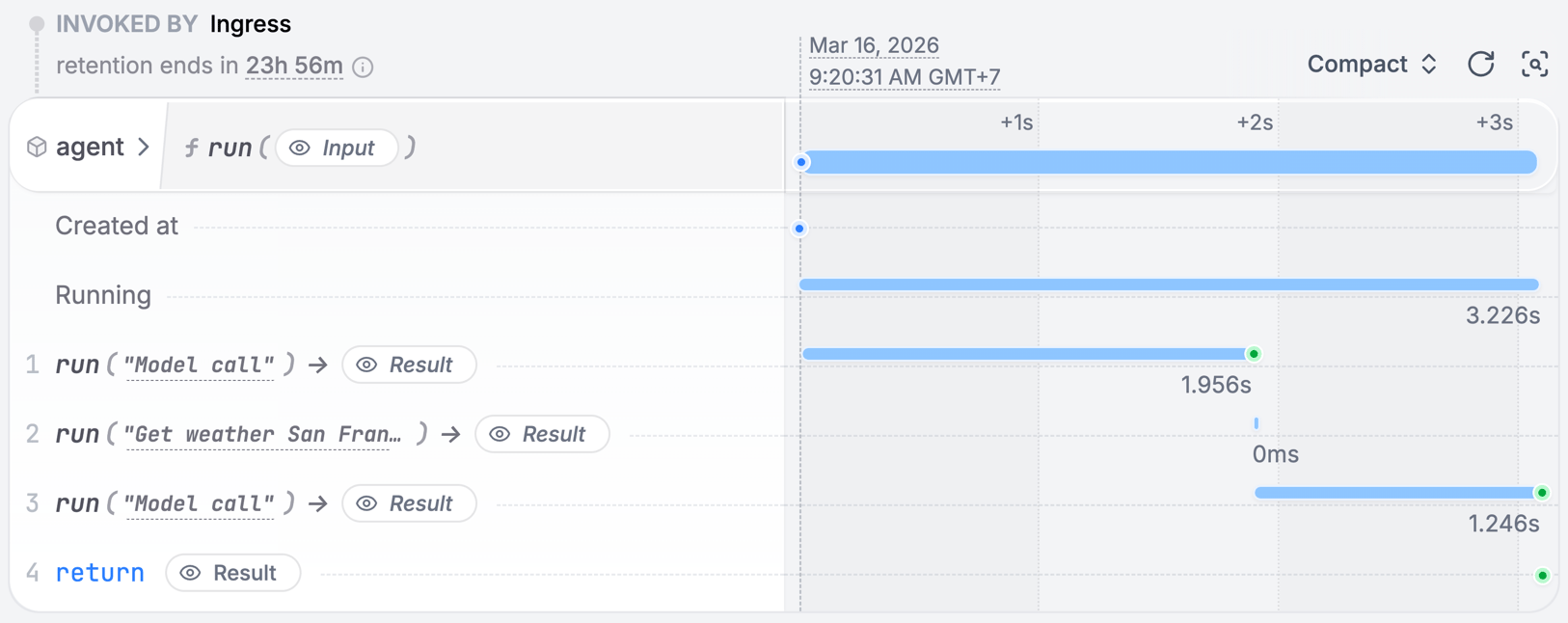 Agent execution trace in Restate UI