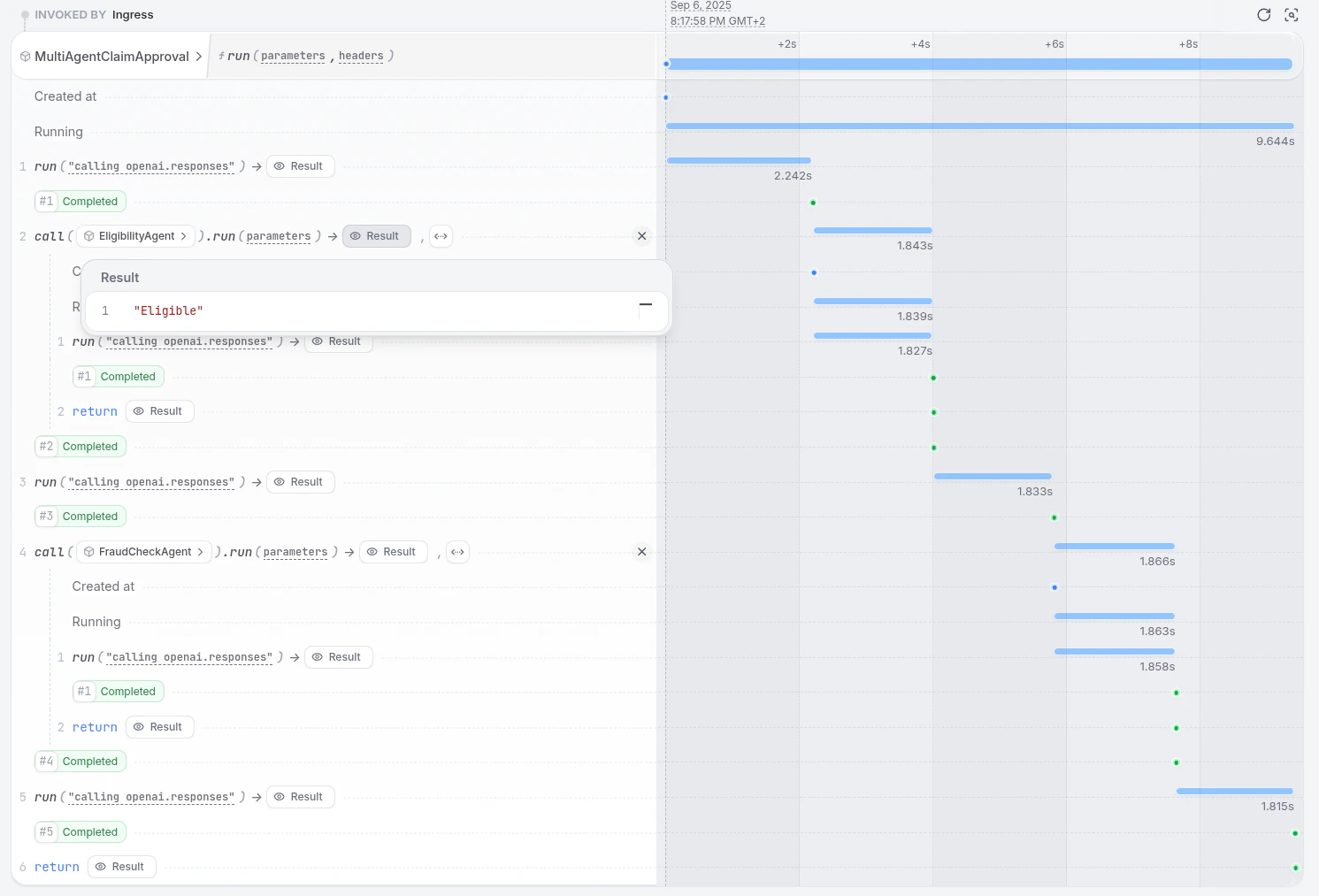 Multi-agent execution trace in the Restate UI