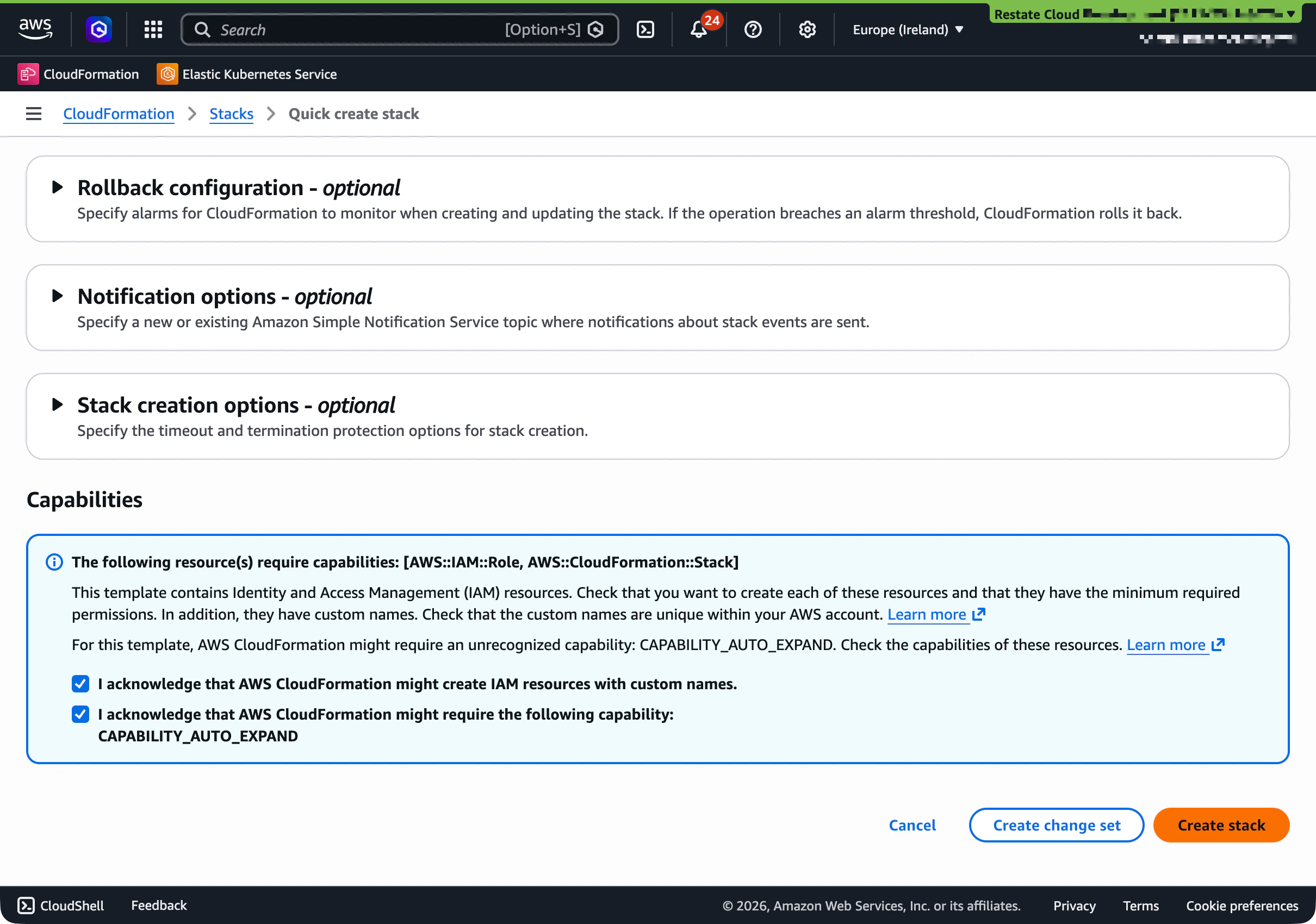 CloudFormation capabilities checkboxes and Create stack button
