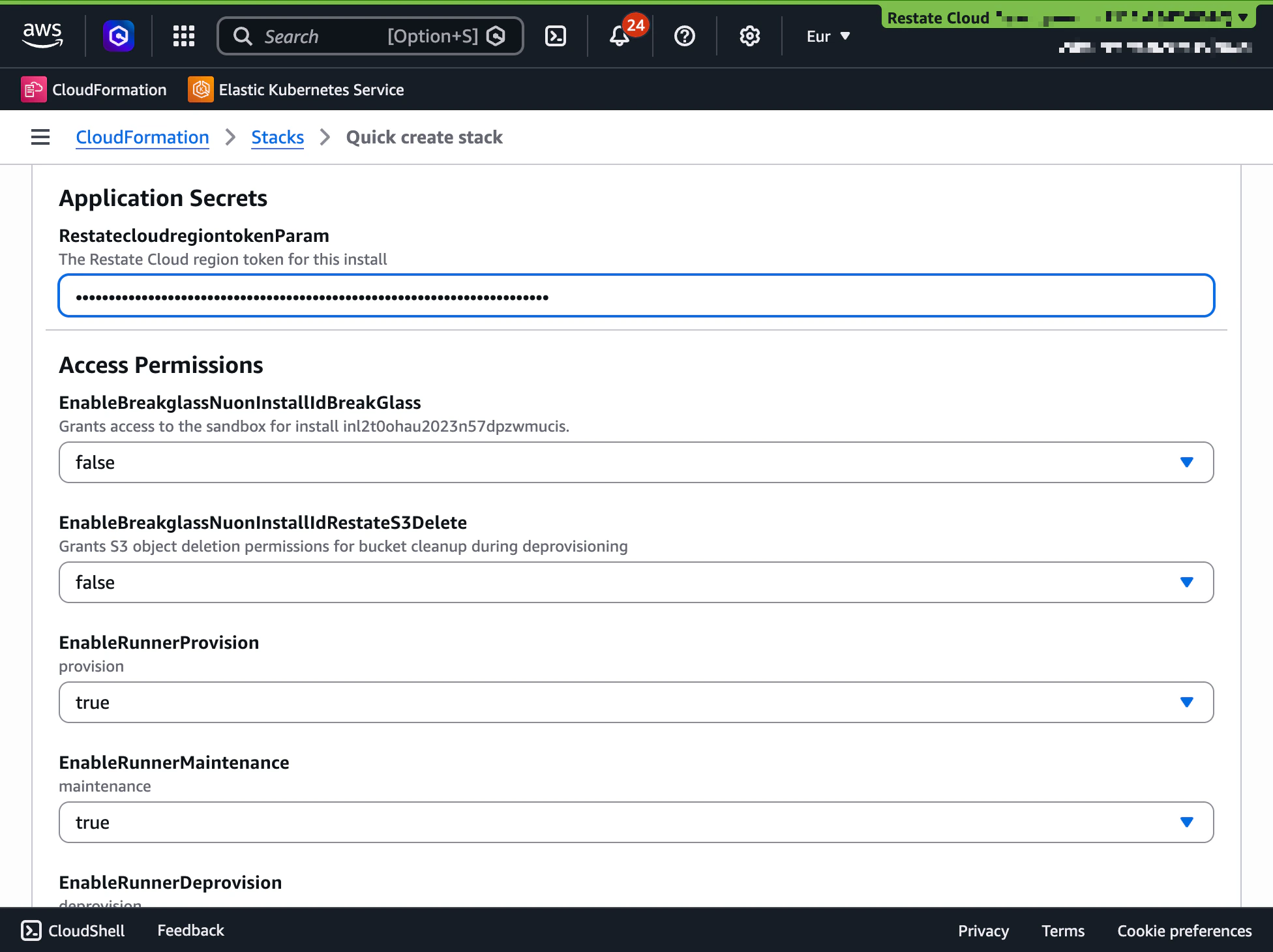 CloudFormation parameters showing the region token input and access permission defaults