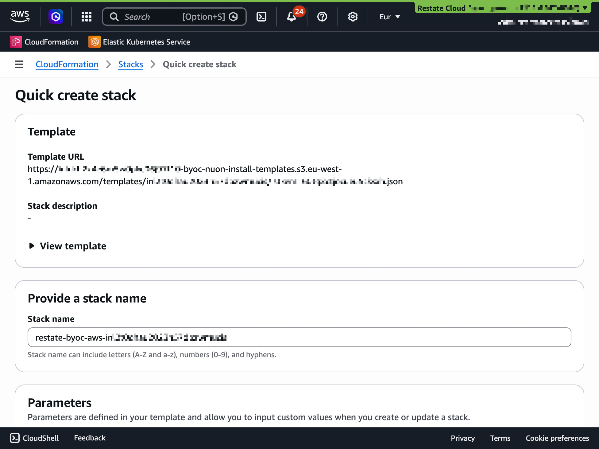 CloudFormation Quick create stack form showing the pre-filled template URL and stack name