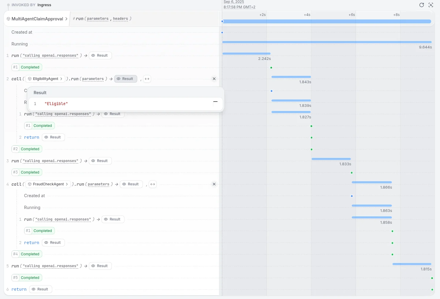 Multi-agent execution trace in the Restate UI
