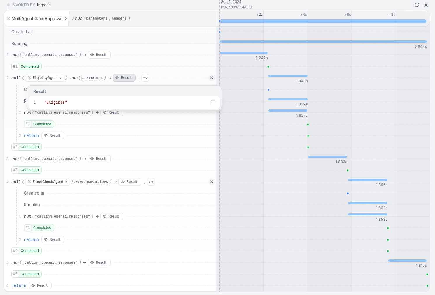 Multi-agent execution trace in the Restate UI