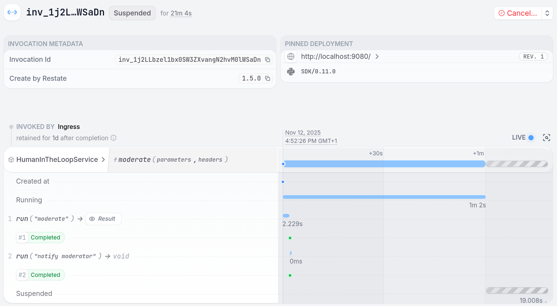 Human approval suspended journal