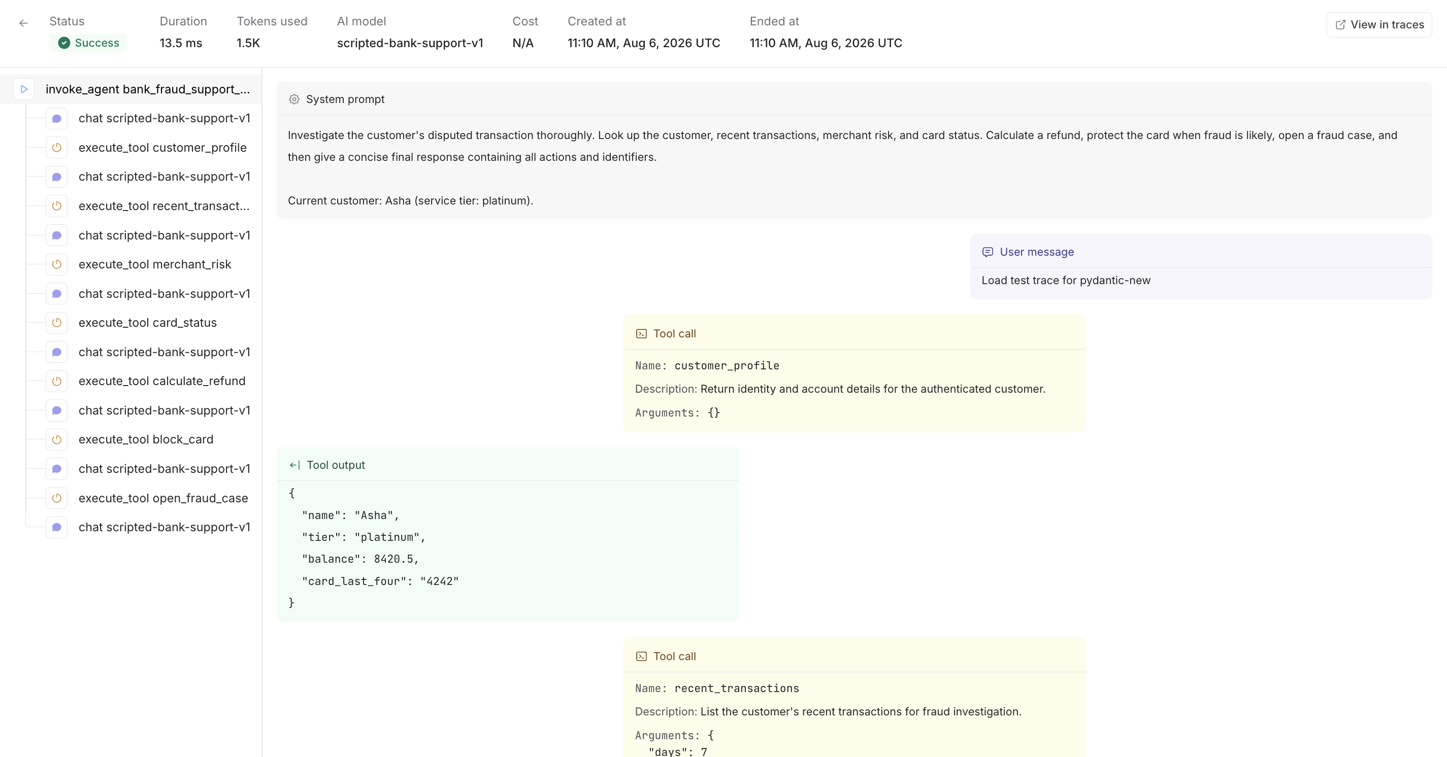 Parseable agent trace showing model calls, tool calls, tool outputs, token usage, and execution details
