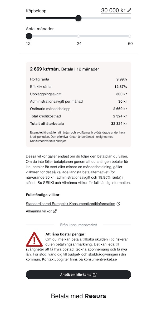 Default price info page showing payment methods, amount slider, and price breakdown