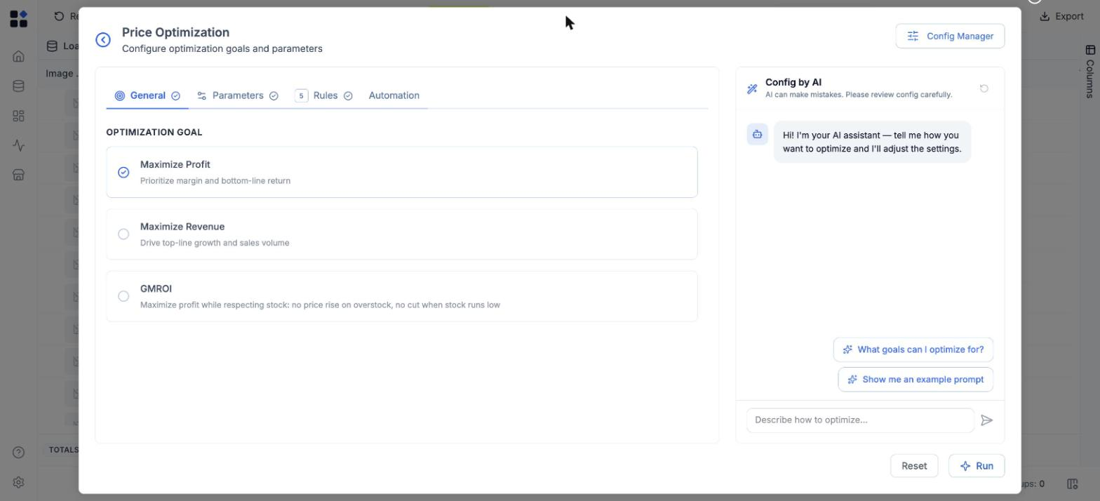 The Price Optimization dialog open on the General tab, showing the optimization goal options