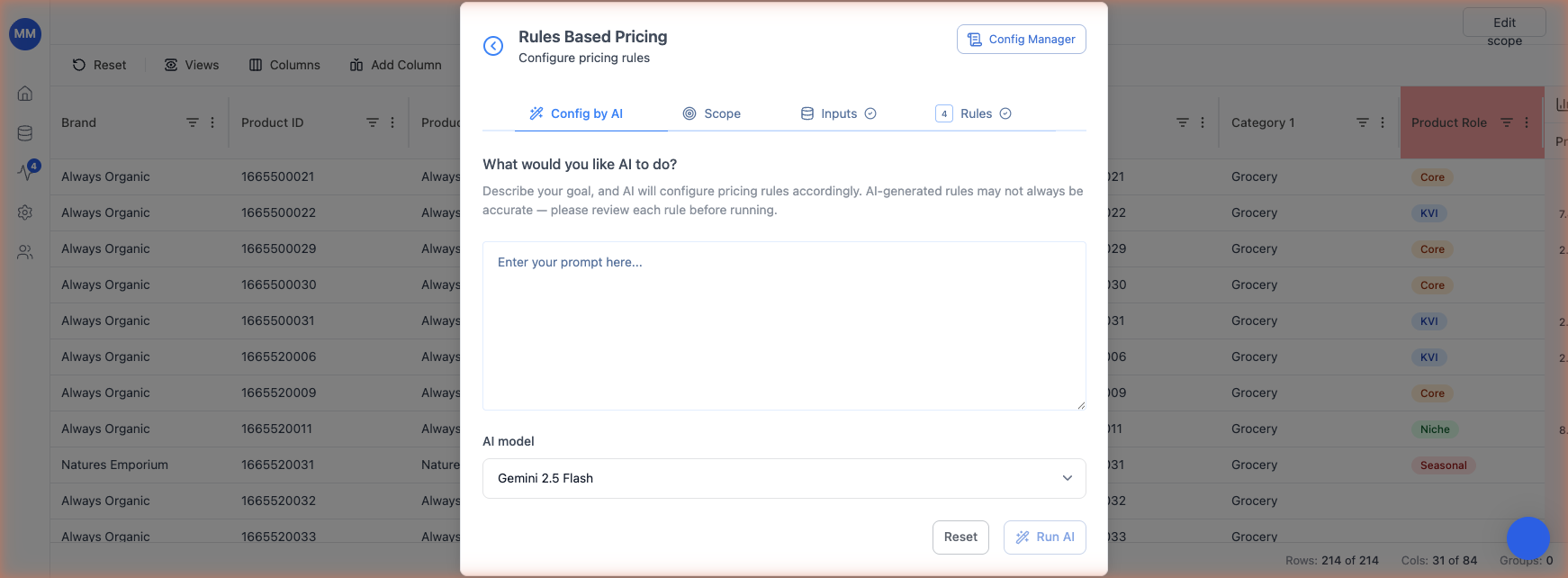 Rules Based Pricing configuration panel