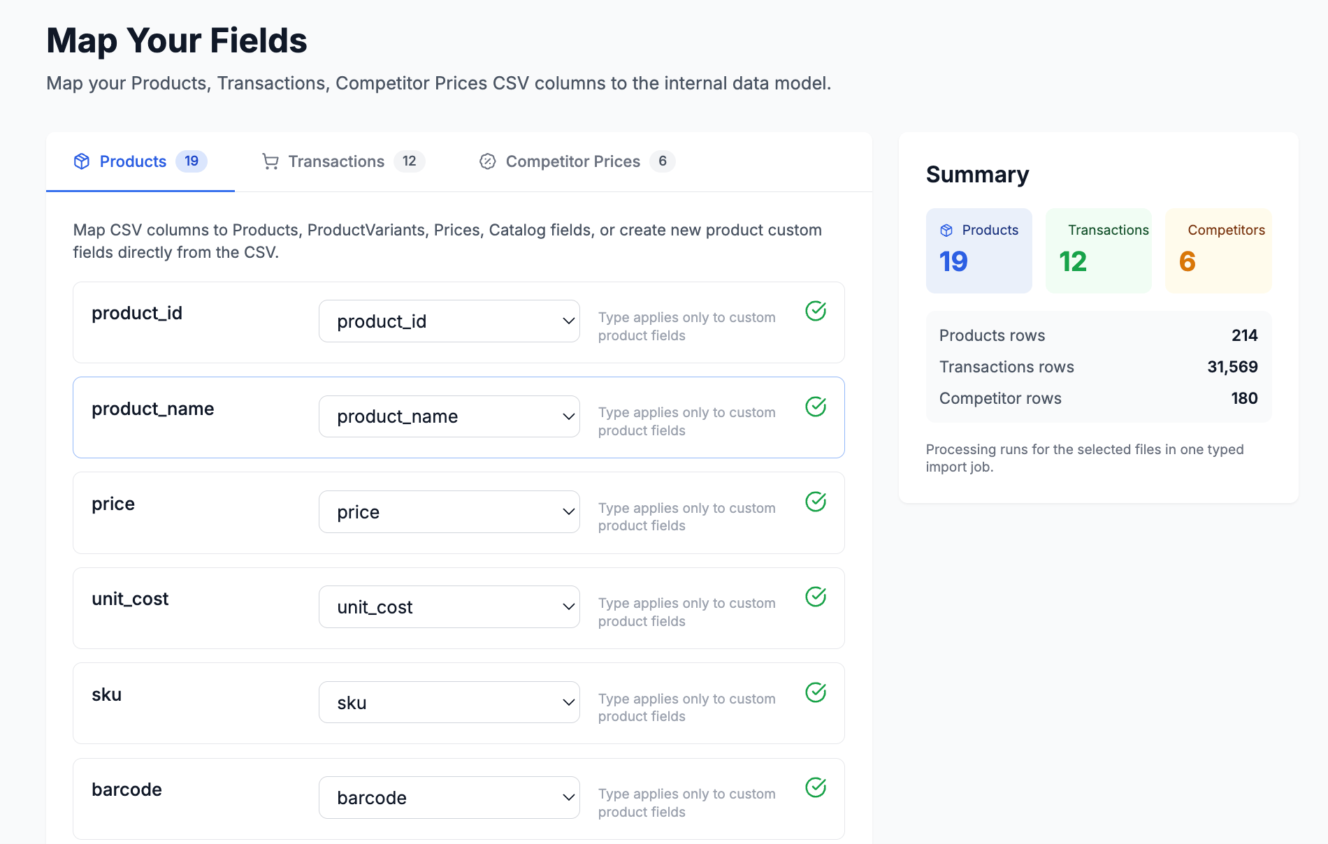 Field mapping screen with CSV columns mapped to Retailgrid schema