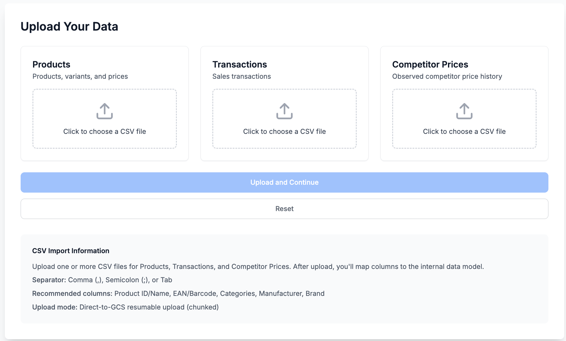 Upload Data modal with Products and Transactions options