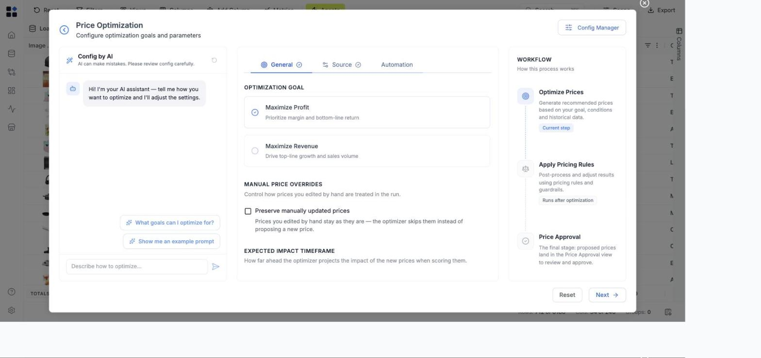 Price Optimization - General tab with optimization goal and expected-impact timeframe