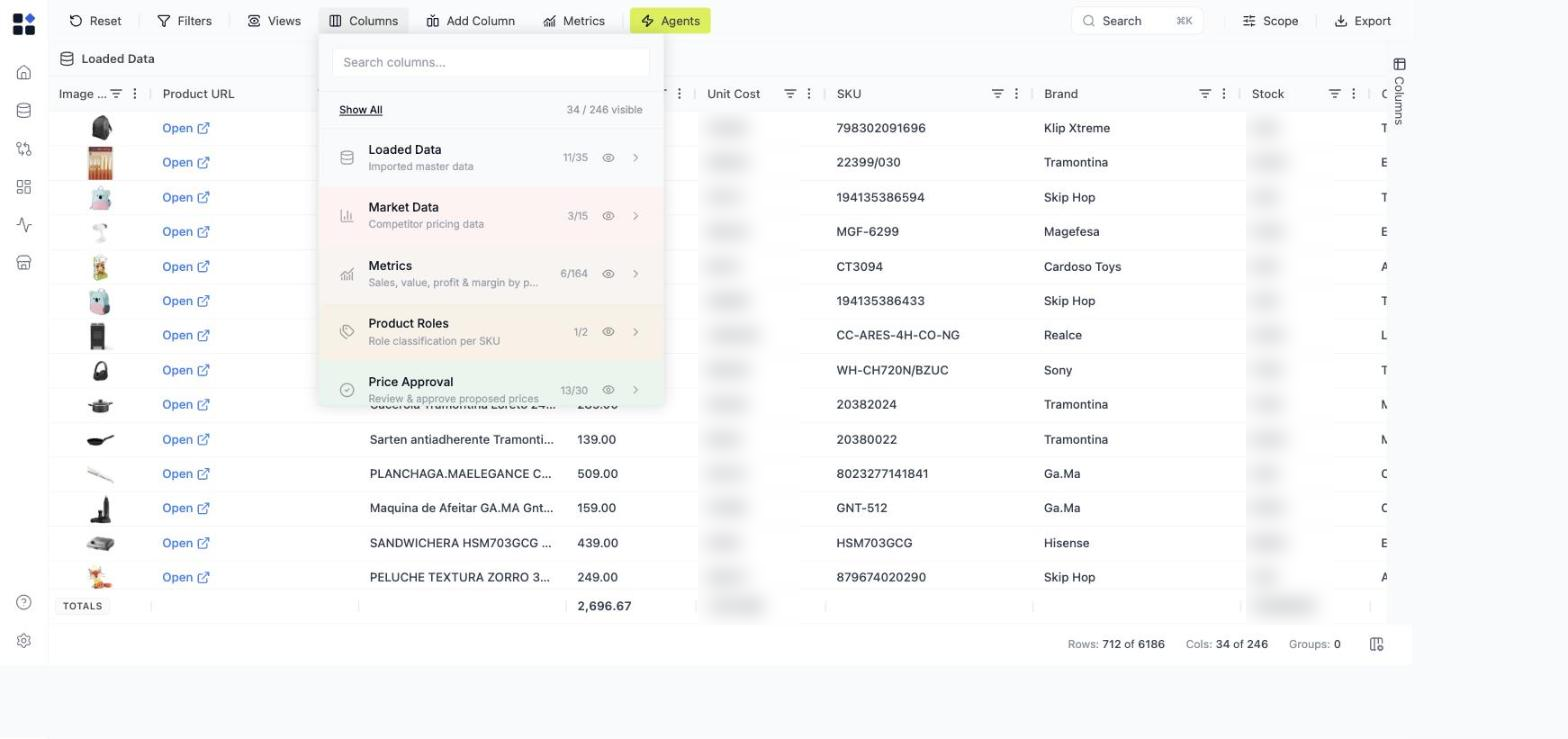 Columns panel with grouped sections, search, and bulk show/hide controls