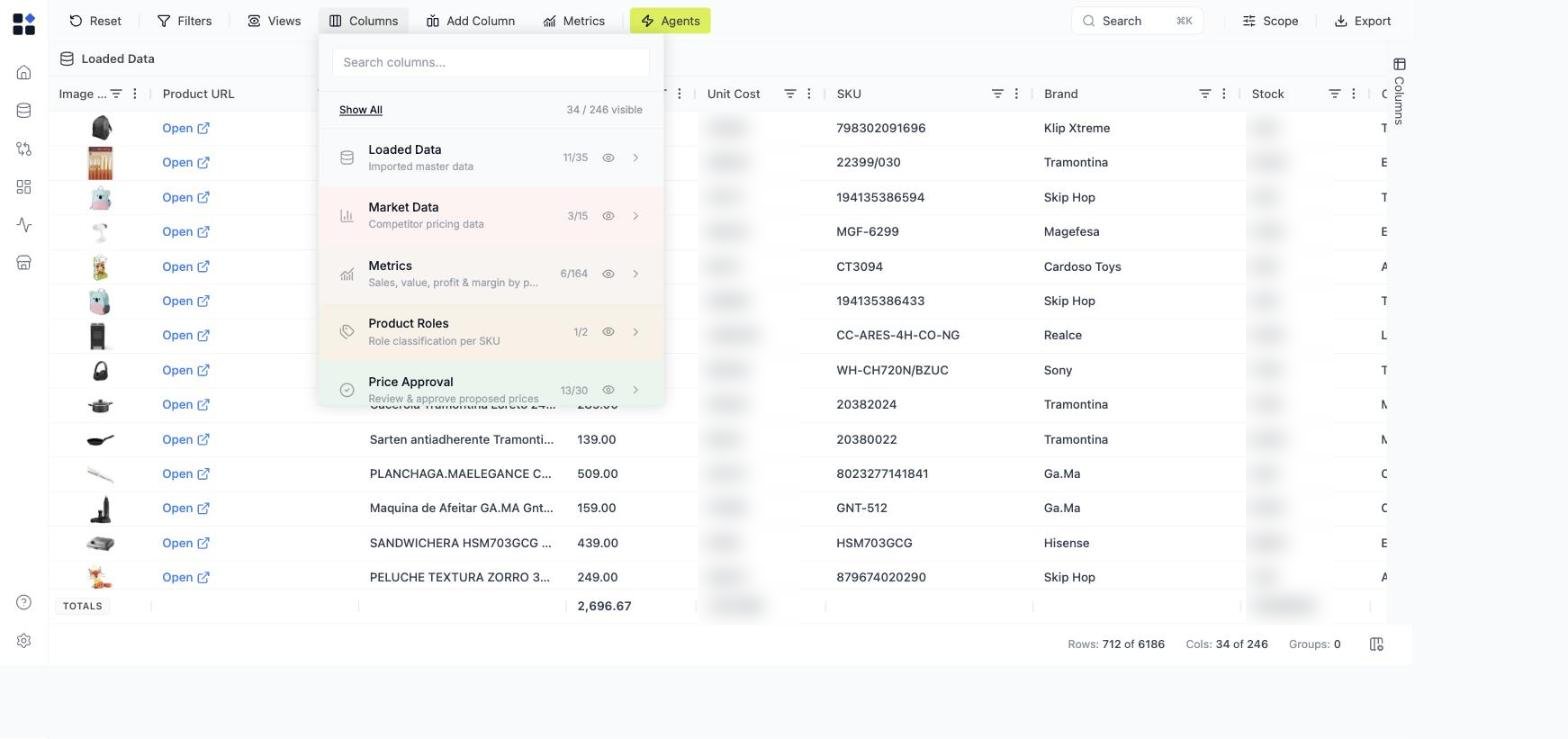 Columns panel with grouped sections, search, and bulk show/hide controls