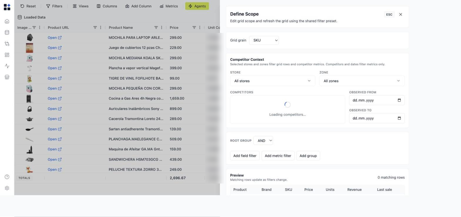 The Define Scope panel - grid grain, competitor context, filters, and a live preview