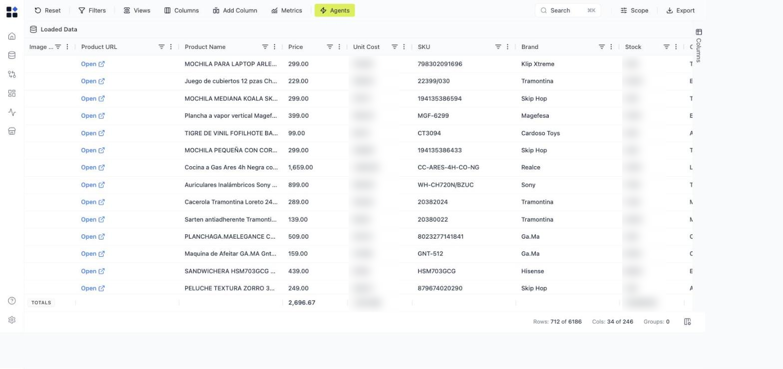 Grid open in spreadsheet view with toolbar, columns, and product rows