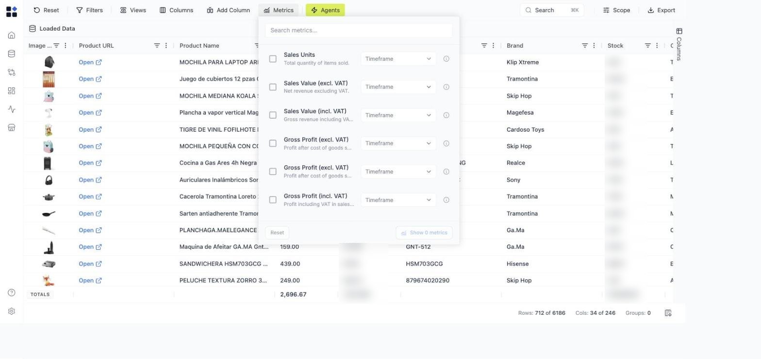 Metrics side picker with metric list and per-metric timeframe selectors