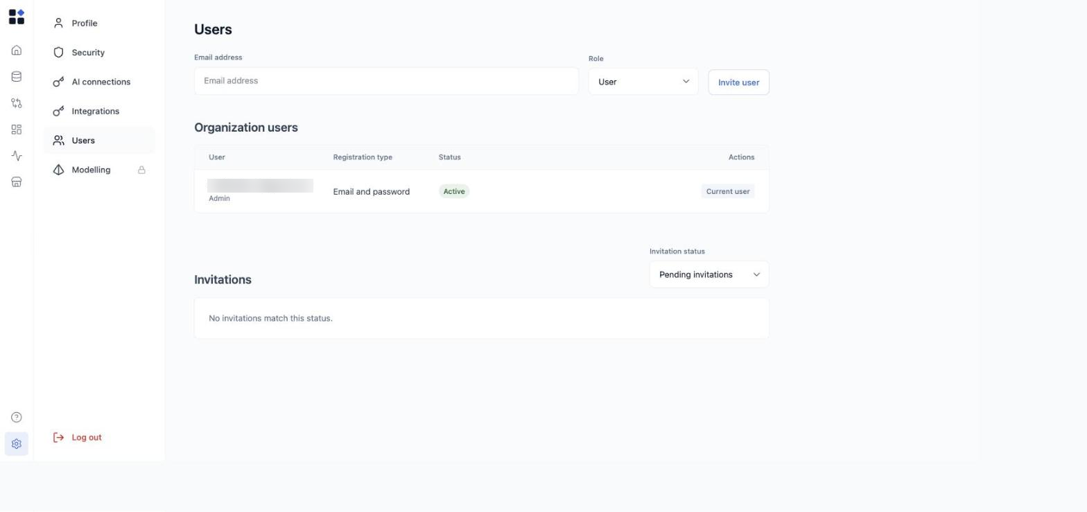 Settings - Users, with the invite form, the Organization users table, and Invitations