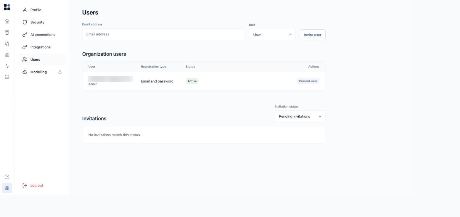 Settings - Users, with the invite form, the Organization users table, and Invitations