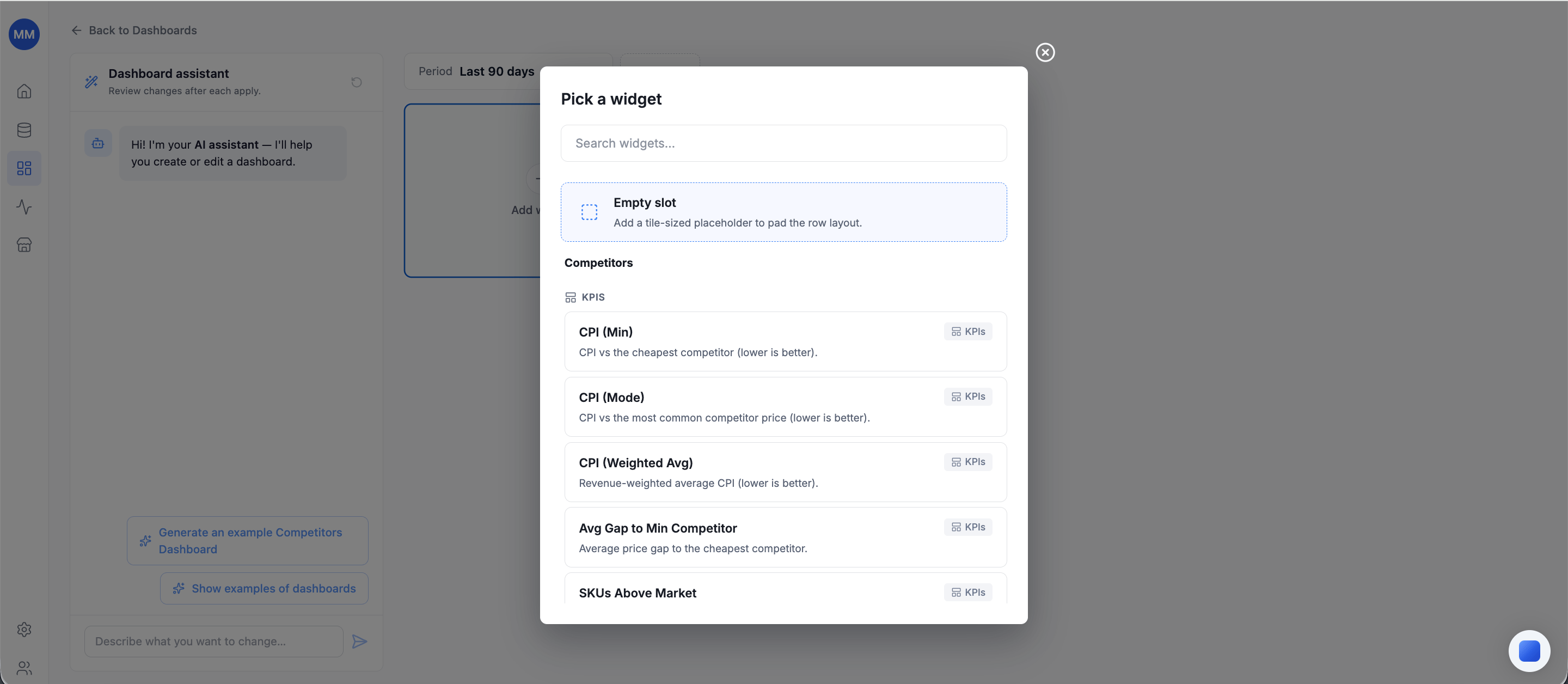 The widget picker - searchable list of available widgets
