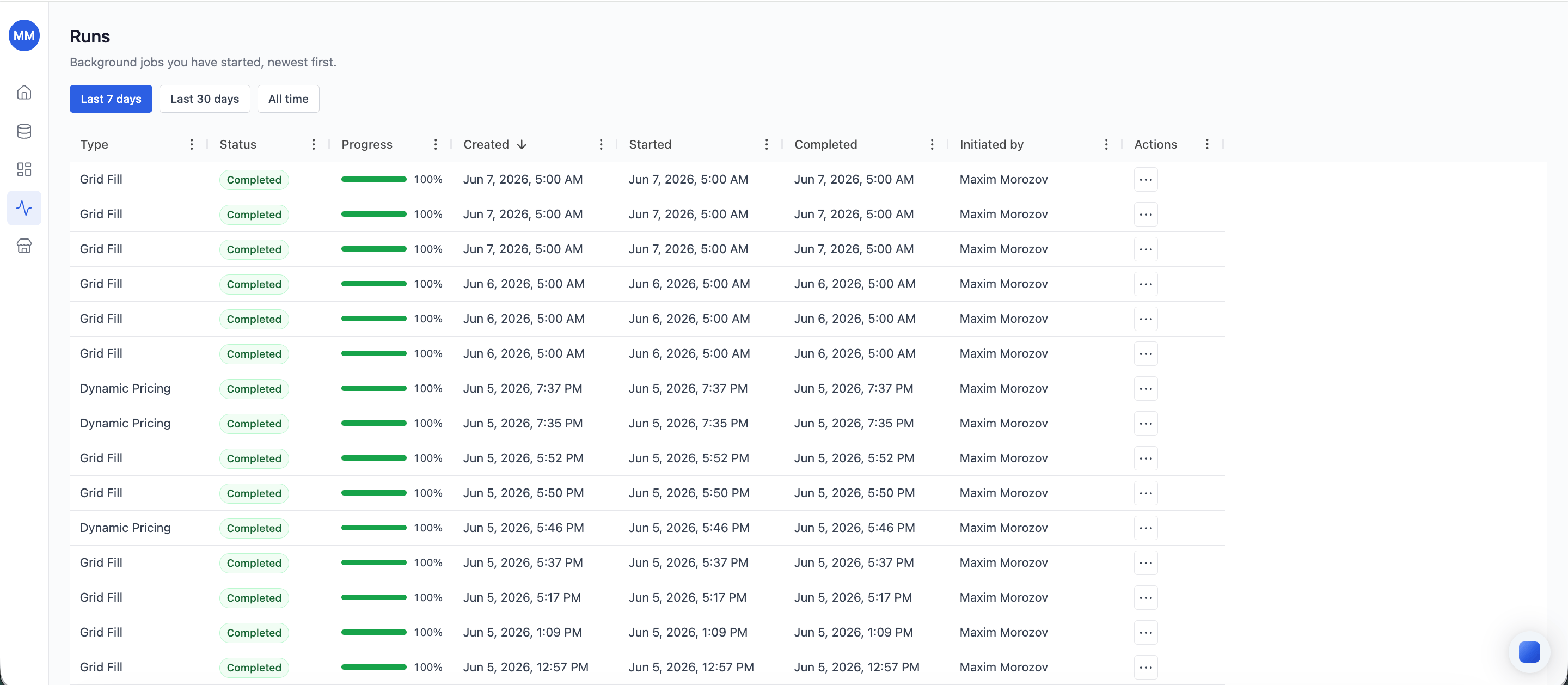 Runs list with date filter