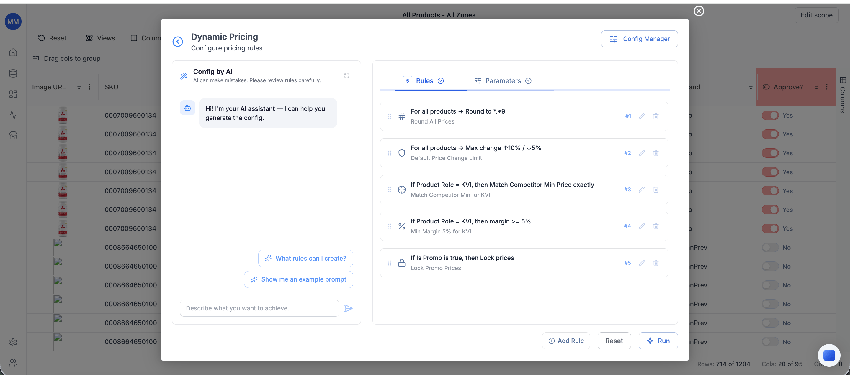 Dynamic Pricing configuration dialog - Config by AI panel, rule list, Config Manager