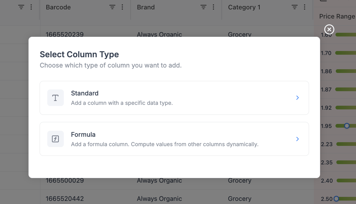Column type picker (four options)