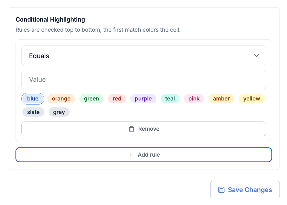 Conditional color highlighting configuration UI