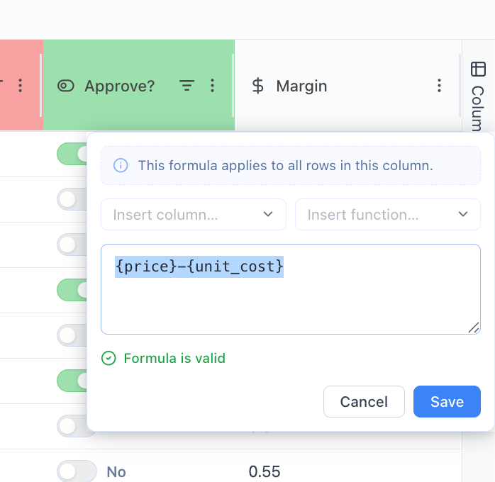 Formula column shown in a grid with calculated margin values