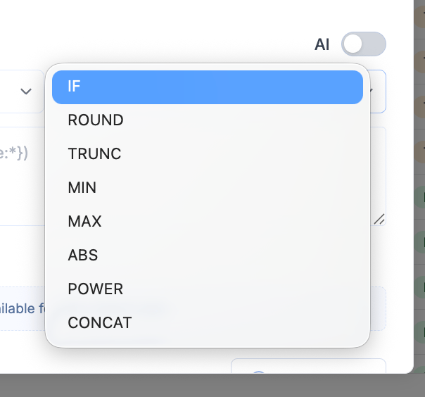 Functions list in the formula editor