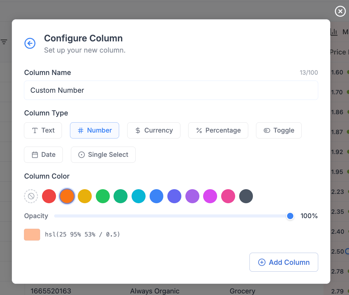 Standard column configuration form
