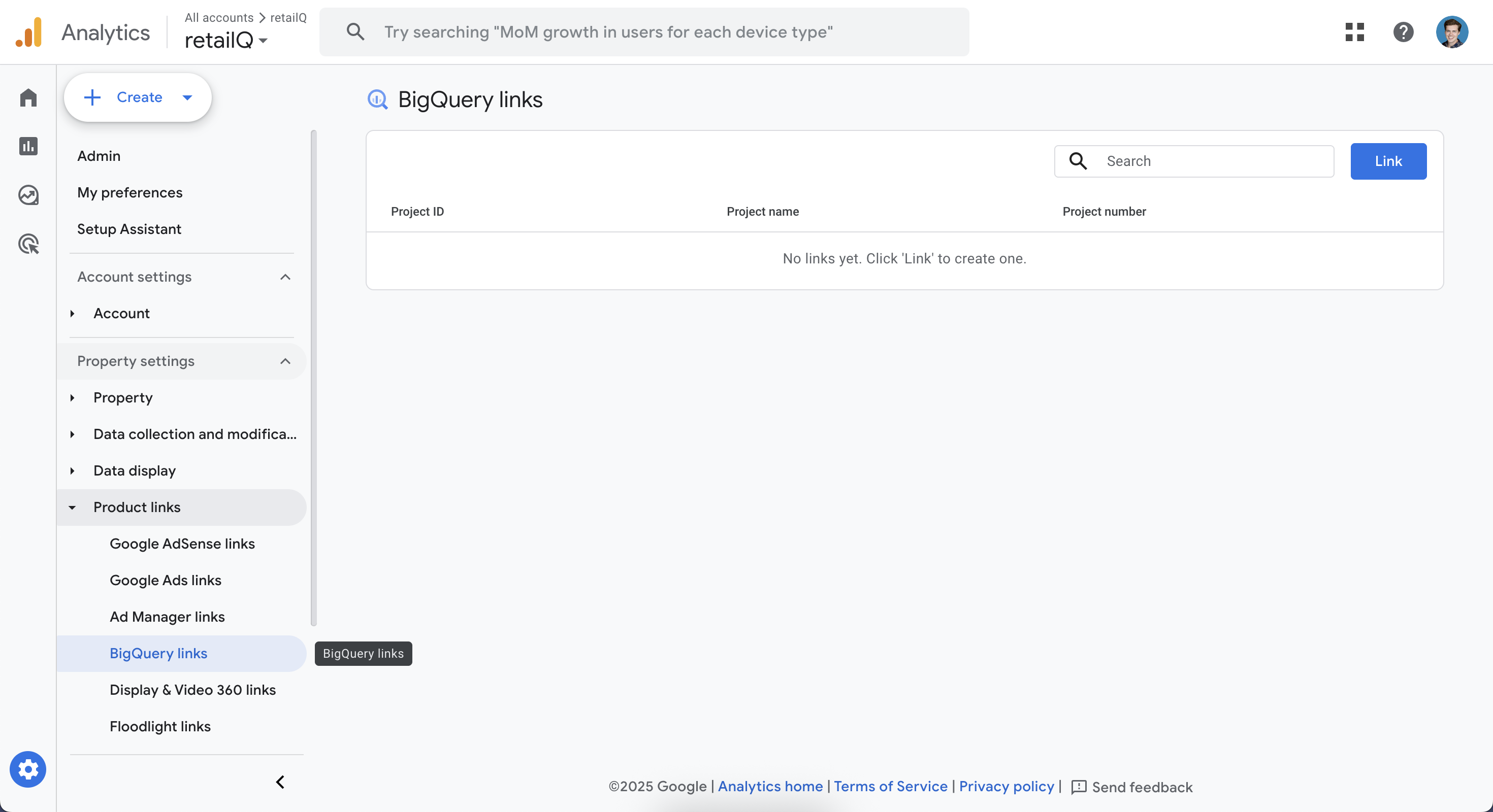 Image showing the location of the 'BigQuery Links' menu item