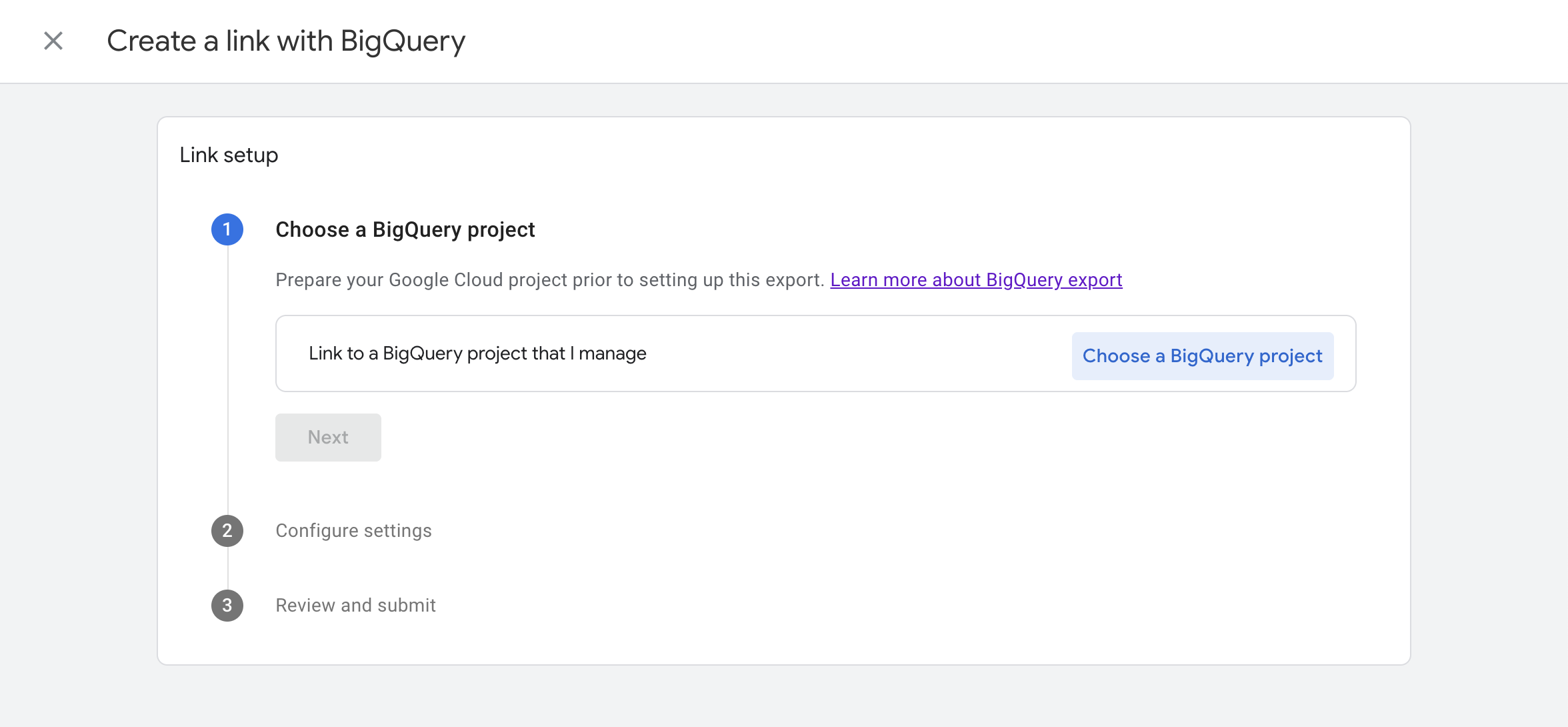 Image highlighting the location of the 'Choose a BigQuery project' button on the page