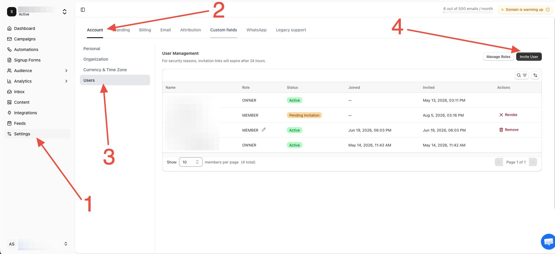 Users page with the Invite button