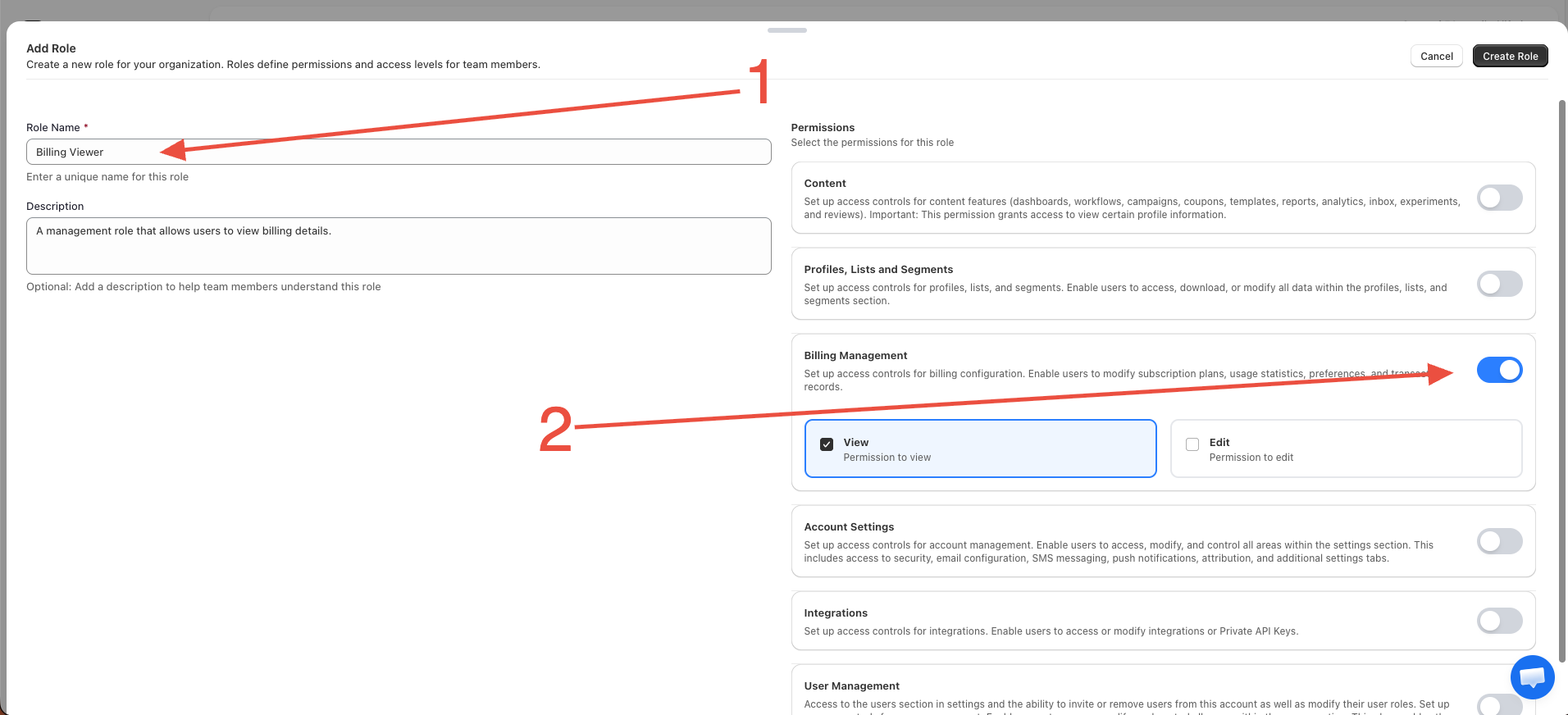 Create role screen with the permissions list