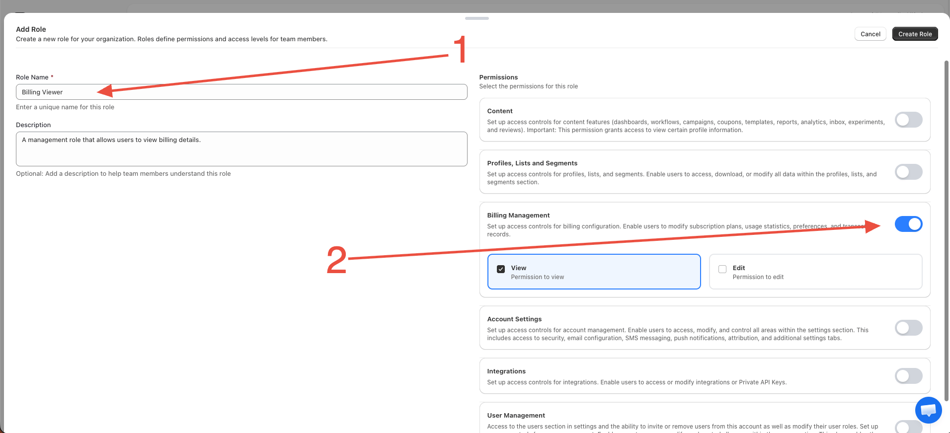 Create role screen with the permissions list
