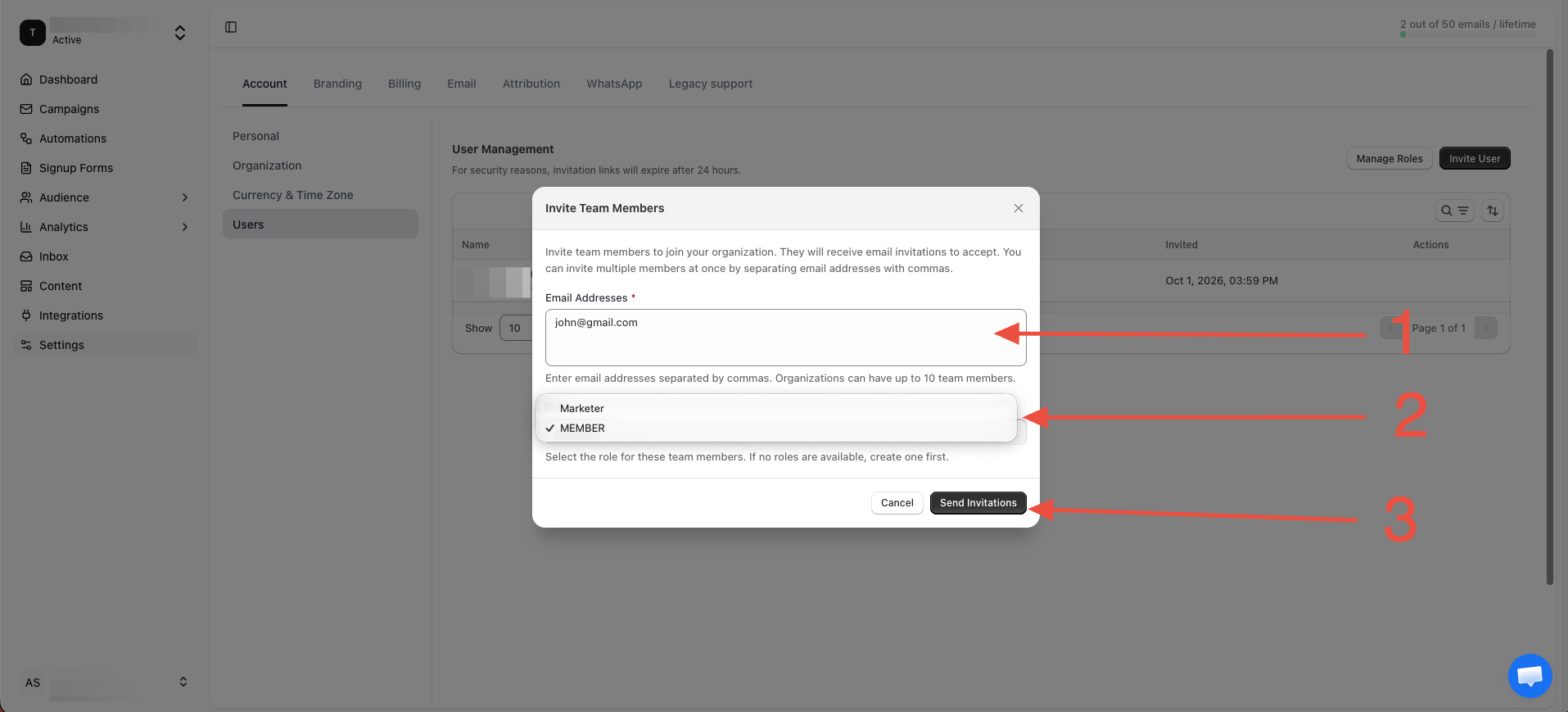 Invite dialog with email and role fields