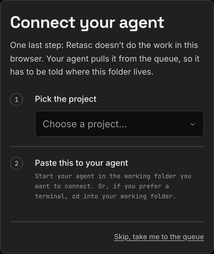 The Dash's last onboarding step: the line to paste to your agent, and a waiting indicator