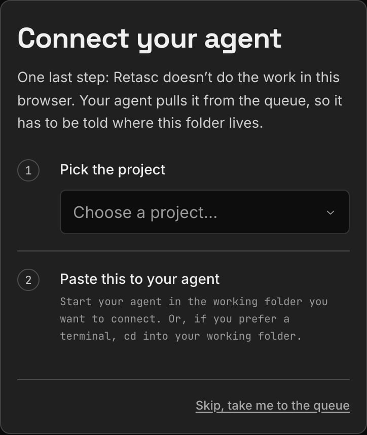The Dash's last onboarding step: the line to paste to your agent, and a waiting indicator