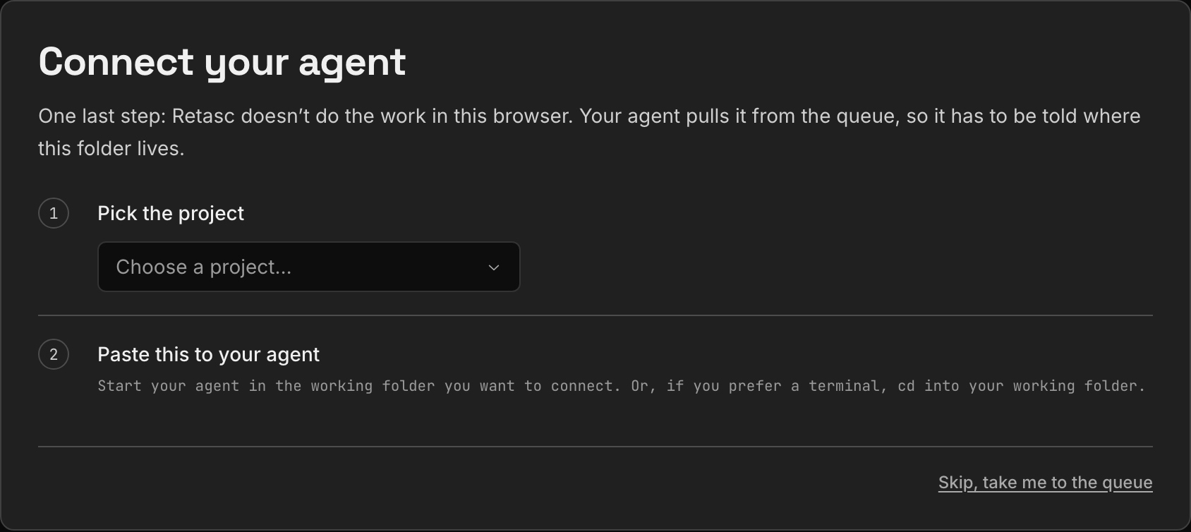 The Dash's last onboarding step: the line to paste to your agent, and a waiting indicator