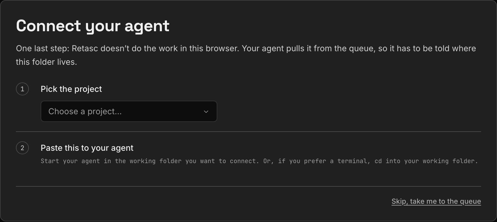 The Dash's last onboarding step: the line to paste to your agent, and a waiting indicator