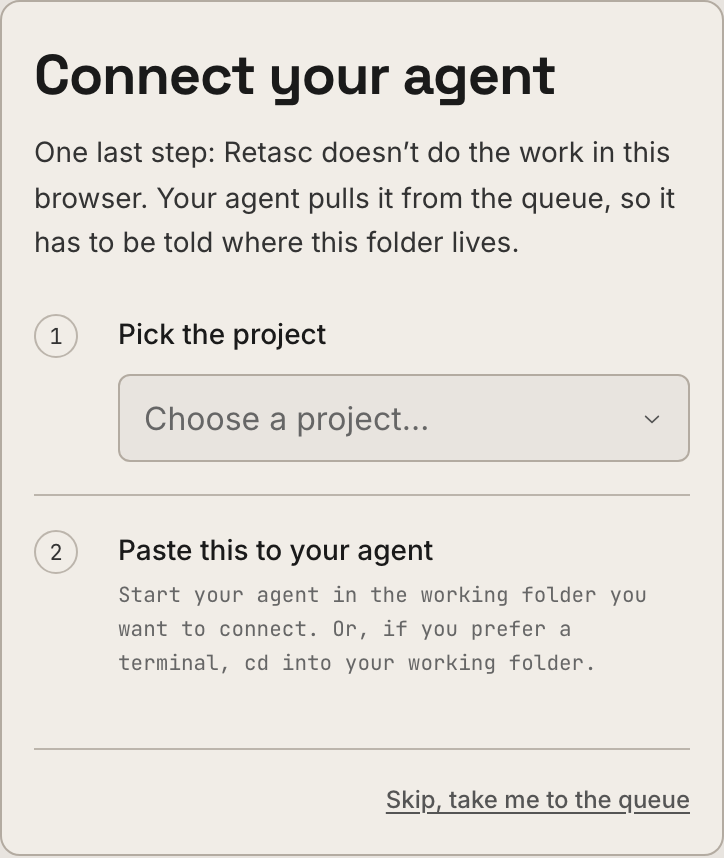 The Dash's last onboarding step: the line to paste to your agent, and a waiting indicator