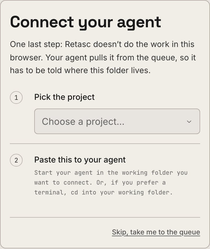 The Dash's last onboarding step: the line to paste to your agent, and a waiting indicator