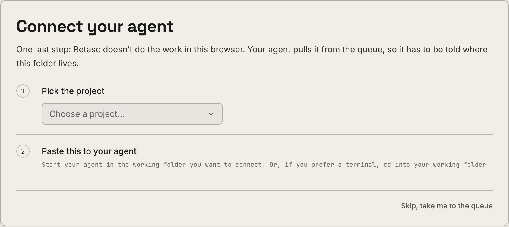 The Dash's last onboarding step: the line to paste to your agent, and a waiting indicator
